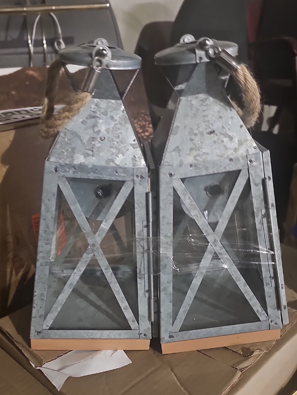 Rustic Galvanized Metal Lanterns with Rope Handle - Set of 2